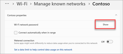Screenshot of Windows Settings on Wi-Fi profile page, with Show Wi-Fi network password highlighted in red., Picture